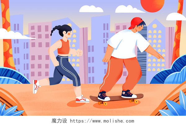 扁平夏日健身运动减肥瘦身跑步滑板手绘公众号插画海报运动插画